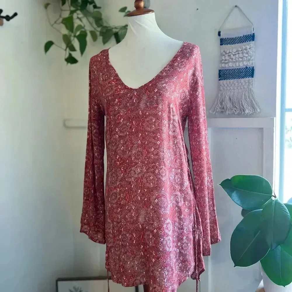 Faithfull The Brand Pink Red Boho Batik‎ Tunic Dress Open Back Sz XS Coastal